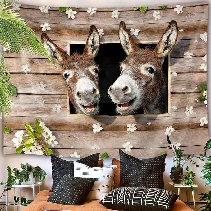 Viajar Funny Donkey Tapestry Wall Hanging, Funny Farm Country Animal Rustic Farmhouse Decor Tapestries Hippie Tapestry Wall Hanging Home Decor Dorm Livingroom Bedroom Wall Blanket, 48x36 Inches