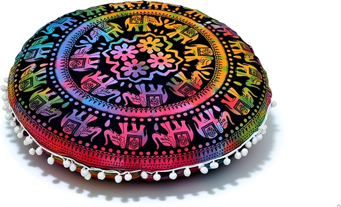 CRAFT KALA 22" Round Mandala Boho Pillow Cover Meditation Room Seating Poufs Cover for Living Room Yoga Room Home Bedroom Balcony Garden Party Decoration Cotton Floor Cushion Cover,Multi U.P Elephant