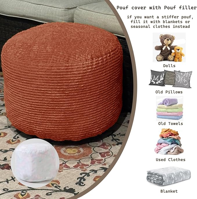 Oslimea Round Ottoman Foot Rest 20 x 15 Foot Stool Ottoman Pouf with Foam Chunk Filling for Living Room, Floor Poufs Foot Rest for Bedroom, Spice Corduroy