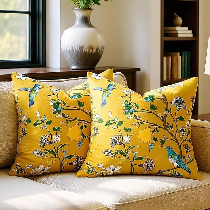 Mustard Yellow Velvet Throw Pillow Covers 20x20 Pack of 2, Vintage Floral Pillow Covers, Mid Century Flower Plant Cushion Covers for Sofa Living Room Home Decor