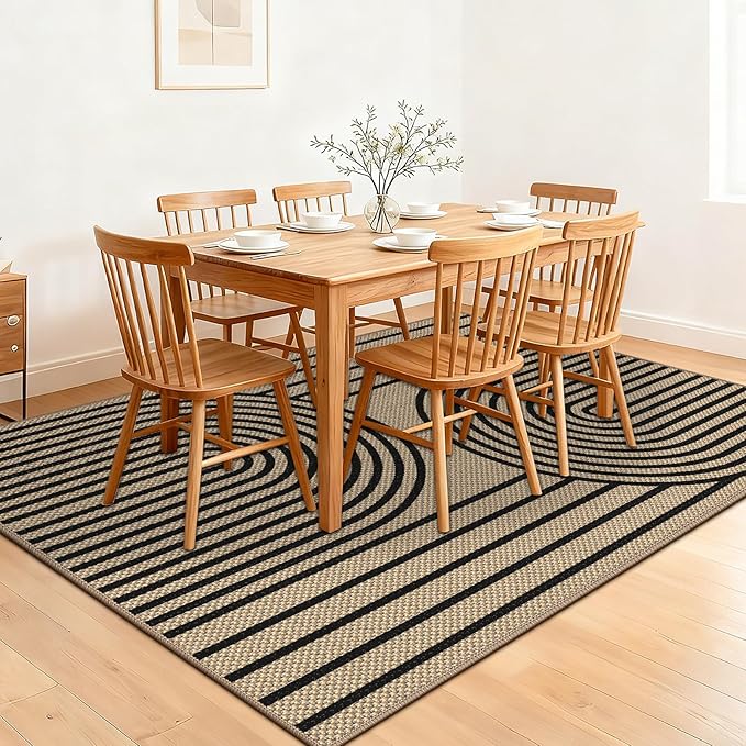 Outdoor Rug 5x7 Rugs for Living Room Washable Non-Slip Easy Jute Rug Indoor Outdoor Low Pile Ultra-Thin Area Rug Black Rainbow Carpet for Dining Room Bedroom Patio Office Dorm Nursery Floor Mats