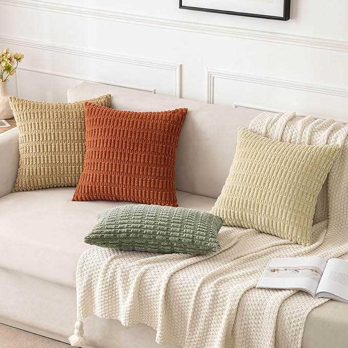 MIULEE Pack of 2 Corduroy Decorative Euro Sham Throw Pillow Covers 24x24 Inch Soft Boho Striped Pillow Covers Modern Farmhouse Home Decor for Summer Sofa Living Room Couch Bed Light Olive Green
