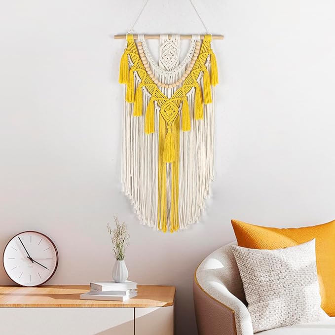 HVEST Yellow Macrame Wall Hanging Boho Tapestry Wall Art Decor,Handmade Woven Bohemian Tapestry with Tassel Craft Ornament Aesthetic Wall Decoration for Bedroom Living Room Apartment Nursery Backdrop