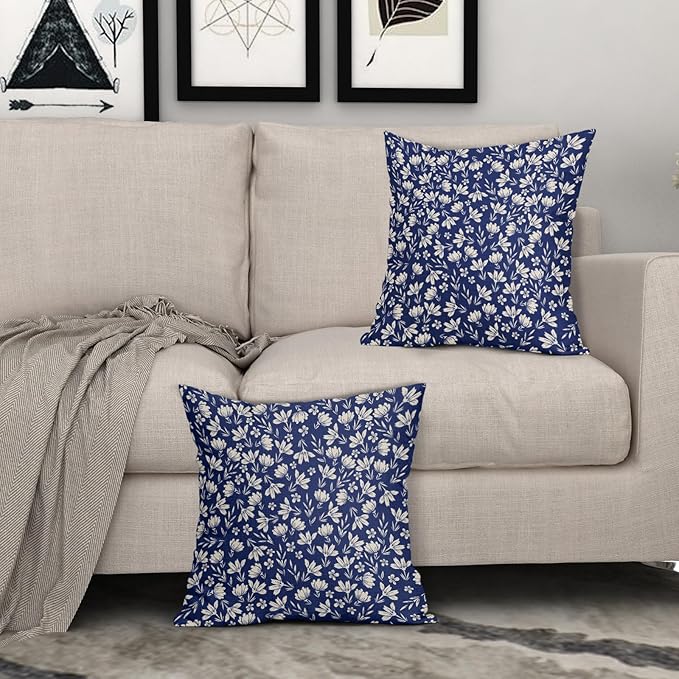 Navy Blue Pillow Covers 18x18 Set of 2 Vintage Floral Rustic Old Style Cute Flower Print Decorative Outdoor Pillowcases Seasonal Farmhouse Throw Cushion Case Decor for Couch Sofa Bed