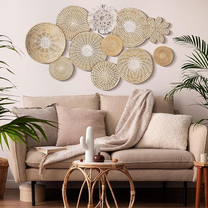 11 Pcs Boho Hanging Wall Basket Decor Handmade Woven Basket Wall Decorative Boho Wicker Baskets Placemats Round Farmhouse Bulrush Art for Rustic Home Decorations Christmas Gift(Fresh)