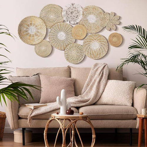11 Pcs Boho Hanging Wall Basket Decor Handmade Woven Basket Wall Decorative Boho Wicker Baskets Placemats Round Farmhouse Bulrush Art for Rustic Home Decorations Christmas Gift(Fresh)