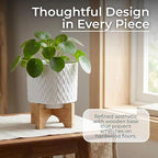Ceramic Planter with Elevated Stand – Bamboo Indoor Plant Stand, Display for Greenery, Shelf or Patio Placement – Textured Round Design for Sculptural Height, Home Decor, Outdoor Decor – 8", White