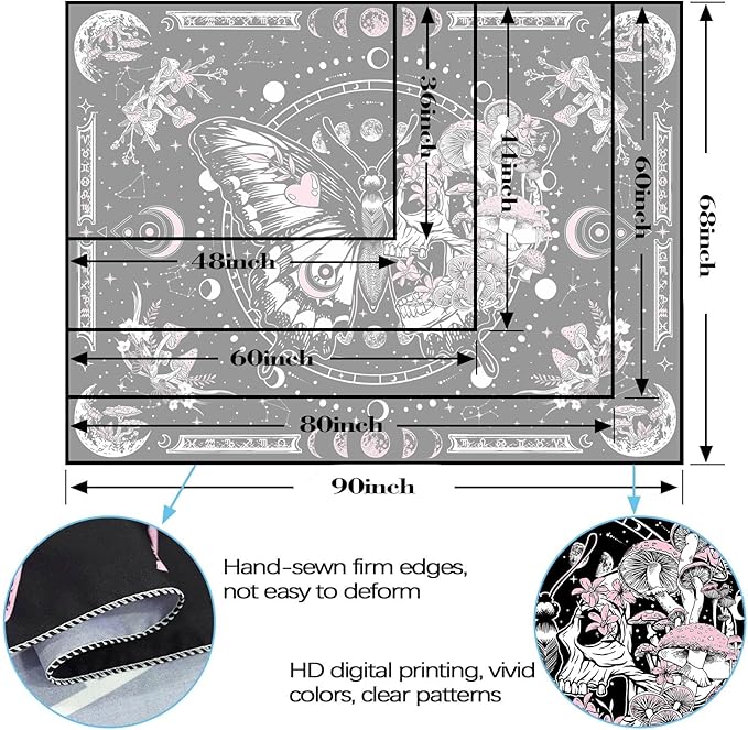 Skeleton Butterfly Tapestry Pink Skull Hippie Mushroom Plants Tapestry for Bedroom Moon phase Aesthetic Tapestries Wall Hanging for Living Room Dorm (Pink, 60” x 44”)