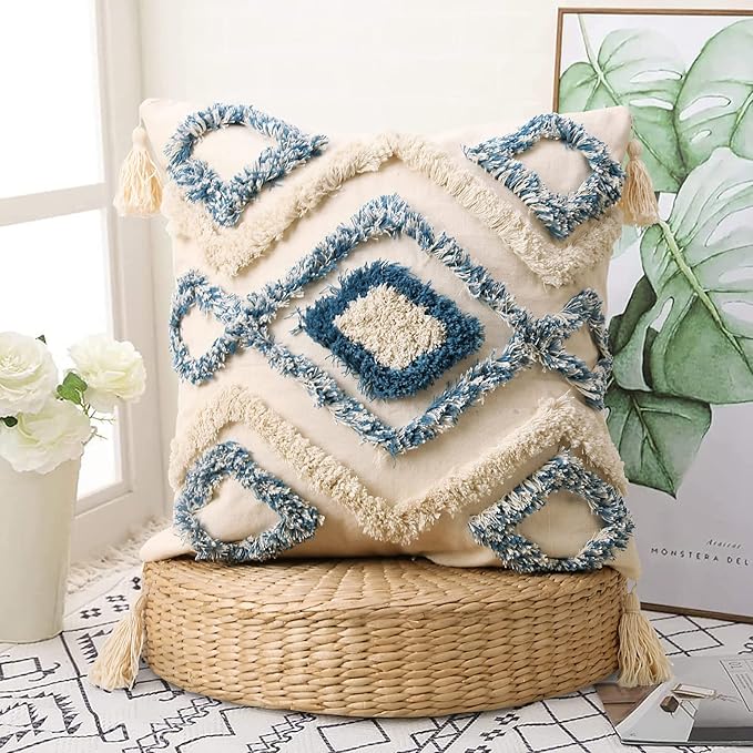 JASEN Boho Decorative Throw Pillow Cover，Blue and Beige Woven Tufted Pillow Cover with Tassels Bohemia Pillow Covers for Couch Sofa Bedroom Living Room 18x18 Inch