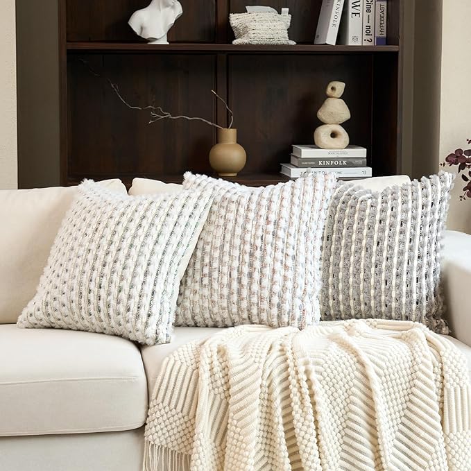 Aeckself Handmade Boho Chenille Tufted Pillow Cover 20x20 Inch, Decorative Square Throw Pillow Cover Neutral Pillowcase for Couch Bedroom Living Room, Grey White