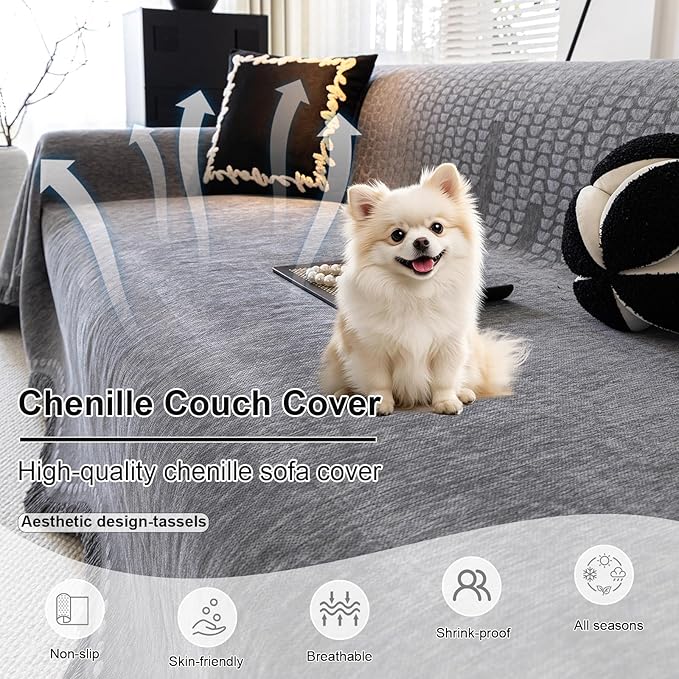 ROOMLIFE Gray Couch Cover Boho Sofa Covers for 3 Cushion Couch Washable, Furniture Protector Sofa Couch Cover for Dogs, Soft Chenille Sofa Slipcover, Couch Throw Blankets with Tassels 71 '' X 150''