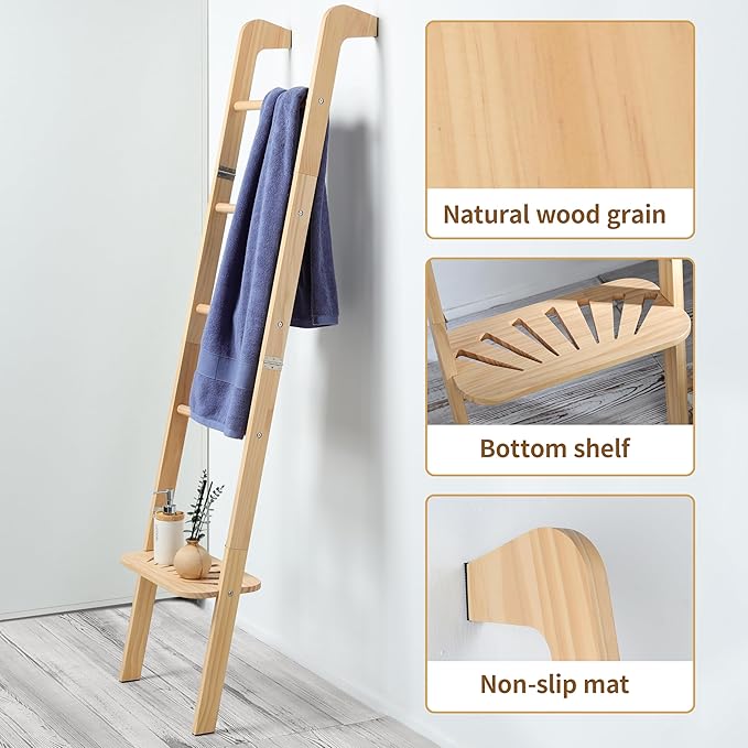 Taozun 66in Boho-Style Blanket Ladder for Living Room Decor, Wall-Leaning Farmhouse Display Towel Rack for Throw Quilt with Ladder Shelf, Wooden Blanket and Towel Holder for Bathroom
