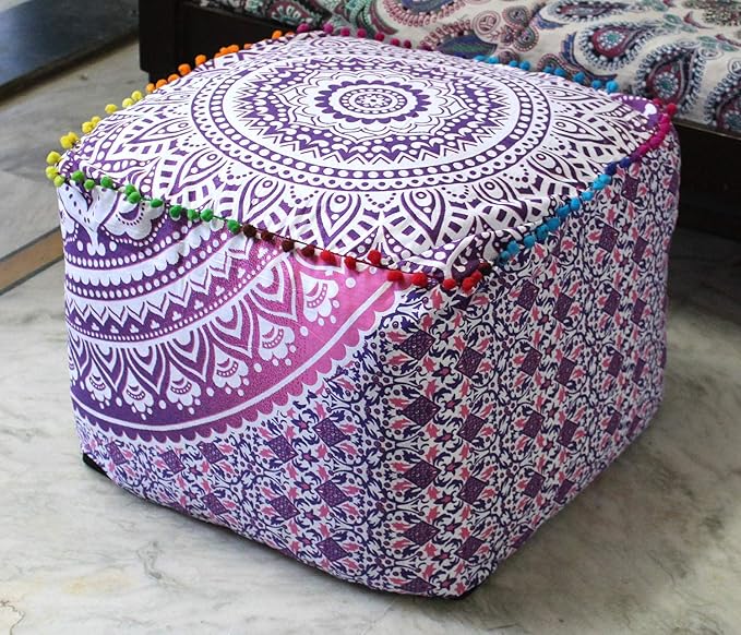 CRAFT KALA Large Hippie Mandala Meditation Floor Ottoman Pillow Cushion Pouf Cover Square Poufs Cover Bohemian Circle Floor Cushion Cover Outdoor Fireplace Living Room Decor 16X16X14 inches,Pink Ombre