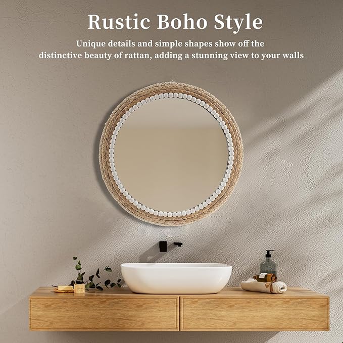 18 Inch Boho Wall Mounted Mirror,Decorative Round Rattan Hanging Wall Mirror，Suitable for Farmhouse, Living Room, Bedroom and Bathroom