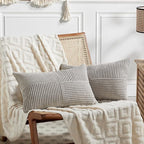 Fancy Homi 2 Packs Neutral Grey Lumbar Decorative Throw Pillow Covers 16x32 Inch for Living Room Couch Bed Sofa, Farmhouse Home Decor, Soft Striped Corduroy Rectangle Accent Cushion Case 40x80 cm