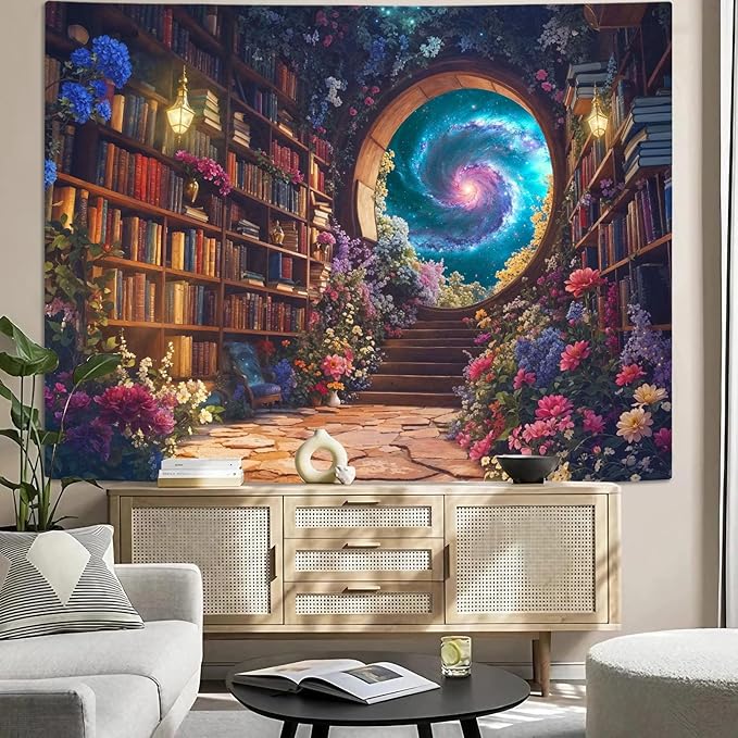 Accnicc Floral Bookshelf Tapestry Fantasy Library Tapestries Wall Hanging Vintage Plant Flower Book Small Tapestry for Bedroom Living Room Dorm 60 x 44 inch