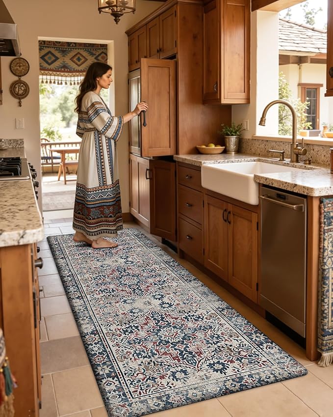 DEXI Kitchen Mats for Floor Cushioned, 23x86 Extra Large Long Runner Rug Non Slip, Waterproof Soft Comfort Standing Padded Anti Fatigue Decorative, Blue Red
