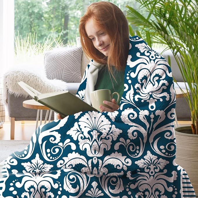 Vintage Victorian Damask Floral Flannel Throw Blanket, Blue White Flowers Birthday Gifts for Kids Men Women, Retro Elegant Soft Blankets for Bedding Sofa 50" x 60"
