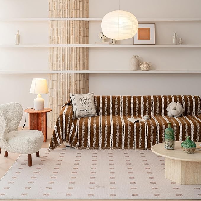 VClife Sofa Cover Bohemian Striped Pattern Couch Cover for 3 Cushion Sofa - Caramel Brown Creamy White Textured Sofa Slipcover Washable Furniture Protector for Couch Decorative Couch Cushion Cover