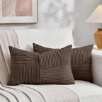 Fancy Homi 2 Packs Dark Brown Lumbar Decorative Throw Pillow Covers 20x28 Inch for Living Room Couch Bed, Rustic Farmhouse Boho Home Decor, Soft Striped Corduroy Rectangle Accent Cushion Case 50x70 cm