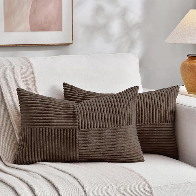 Fancy Homi 2 Packs Dark Brown Lumbar Decorative Throw Pillow Covers 14x22 Inch for Living Room Couch Bed, Rustic Farmhouse Boho Home Decor, Soft Striped Corduroy Rectangle Accent Cushion Case 35x55 cm