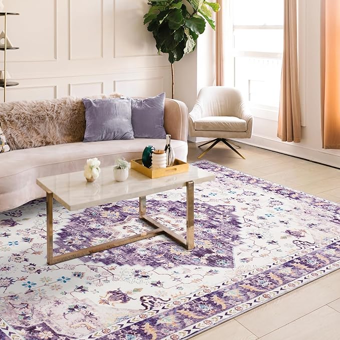 Amearea Vintage Design Area Rugs for Living Room, 8x10 Machine Washable Floral Collection Traditional Bedroom Rug, Low Pile Cute Kids Room Print Carpet, No Slip Office Kitchen Home Decor, Purple