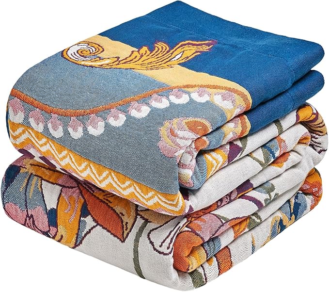 Boho Throw Blanket - 60"x80" 100% Cotton Ultra Soft Lightweight Spring Blanket, 4-Layer Breathable Muslin Blankets for Bed Couch, Reversible Yellow Floral Printed Bohemian Cotton Quilt