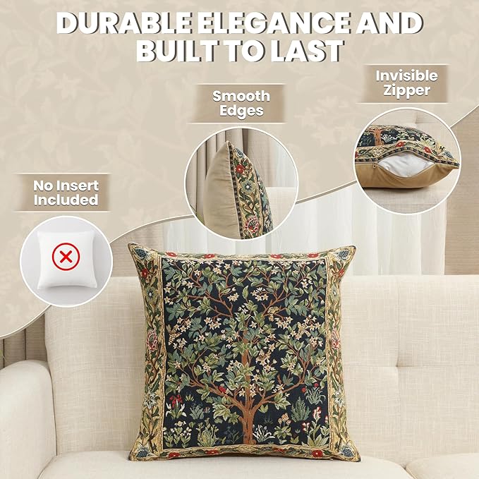 Charlotte Home Furnishings Decorative Tapestry Throw Pillow Covers 18x18 - Blue Tree of Life Floral Cushion Case - 100% Cotton Jacquard Woven Fabric - Boho Couch Accent & Elegant Home Decor