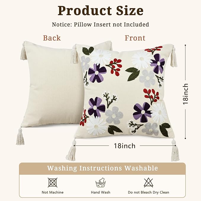Floral Embroidered Pillow Covers 18x18 Inch Set of 1, White Daisy Decorative Throw Pillow Covers with Tassels, Spring Farmhouse Purple Flowers Cushion case for Couch Sofa Bed Living Room