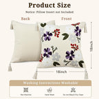 Floral Embroidered Pillow Covers 18x18 Inch Set of 1, White Daisy Decorative Throw Pillow Covers with Tassels, Spring Farmhouse Purple Flowers Cushion case for Couch Sofa Bed Living Room