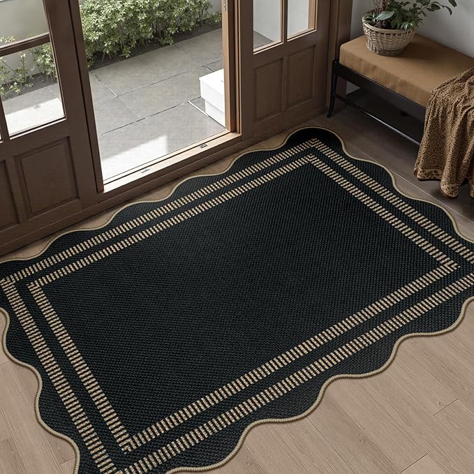 Scalloped Easy Jute Black Rug, 2.6x4 Front Door Washable Door Mat Non Slip Small Kitchen Area Rug, Farmhouse Low Pile Floor Rugs for Entryway Porch Doorway