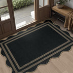 Scalloped Easy Jute Black Rug, 2.6x4 Front Door Washable Door Mat Non Slip Small Kitchen Area Rug, Farmhouse Low Pile Floor Rugs for Entryway Porch Doorway