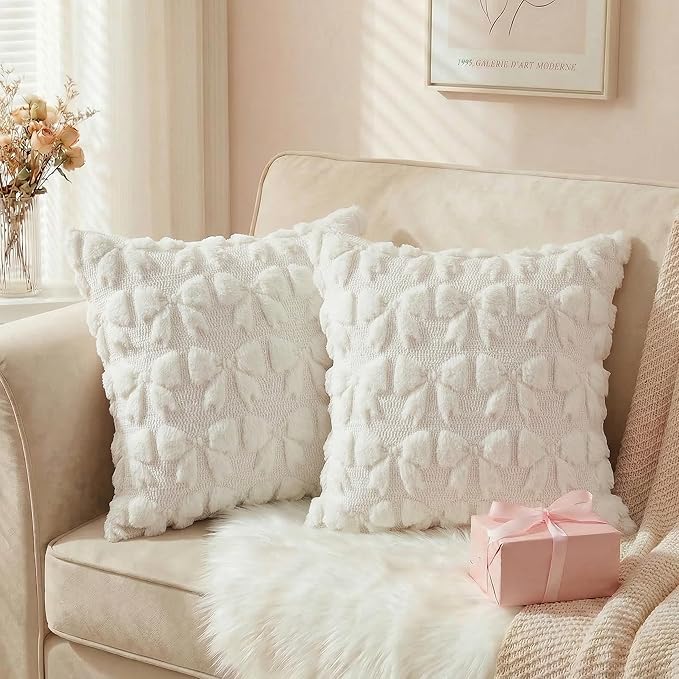 AVOIN colorlife Cream White Spring Bow Throw Pillow Covers Set of 2, 18 x 18 Inch Coquette Aesthetic Room Decor Soft Plush Faux Fur Cushion Case for Girls Room