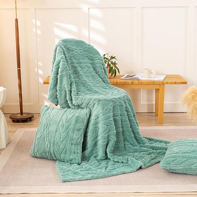 YUSOKI Sherpa Large Throw Blanket Single Layer,Light Weight(1.7lb),370GMS-3D Stylish Design for Gift Home Decor (Light Green,50"x65")