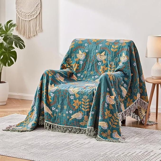 Boho Blanket for Bed 100% Cotton Bohemian Throw Blankets Ultra Soft Woven Muslin Decorative Blankets All Seasons Vintage Quilt Knitted Blanket for Sofa Chair(Blue, 80"x90")