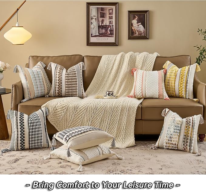 AmHoo Chenille Striped Textured Boho Throw Pillow Covers Aesthetic with Tassels Woven Decorative Pillow Case for Couch Bed Sofa Bedroom Modern Funky 18 x 18-Inch White