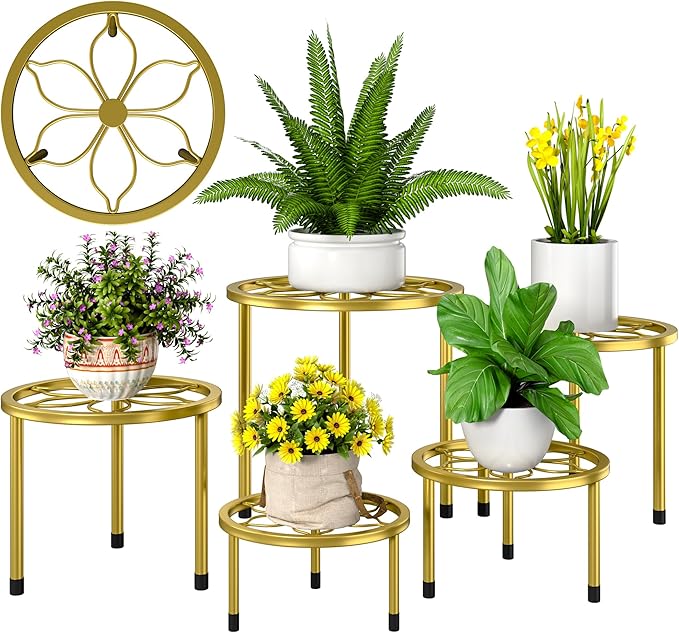 VECELO Metal Plant Stands Set of 5, Multiple Heavy Duty Flower Pot Stand, Round Plant Holder, Gold
