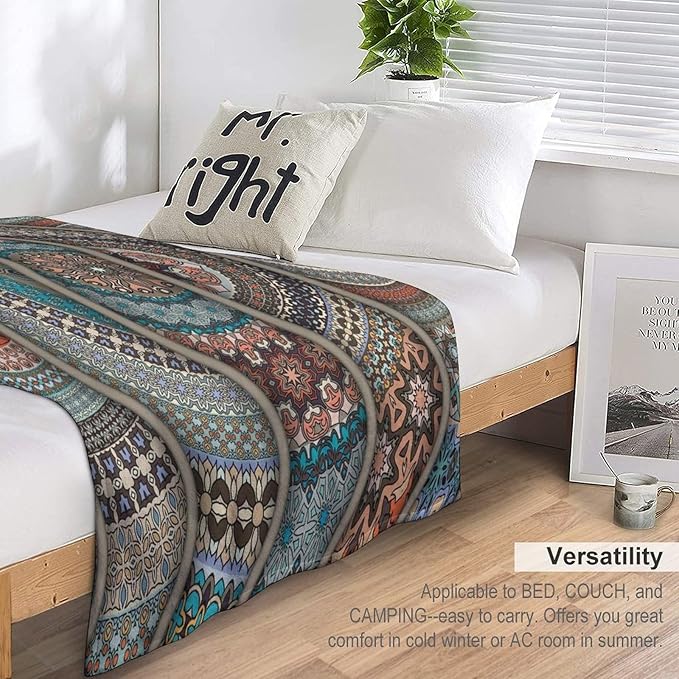 Colorful Bohemian Throw Blanket Vintage Floral Mandala Flower Aztec Boho Blanket for Sofa Bed Couch Chair Or Dorm 50"x60"