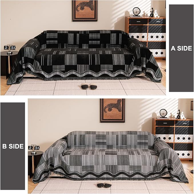 ROOMLIFE Black Couch Cover Sofa Covers, Chenille Couches Covers for 3 Cushion Sofas, Non Slip Soft Breathable Sofa Slipcovers for Pet, Washable Furniture Protector with Tassel,71''X134”