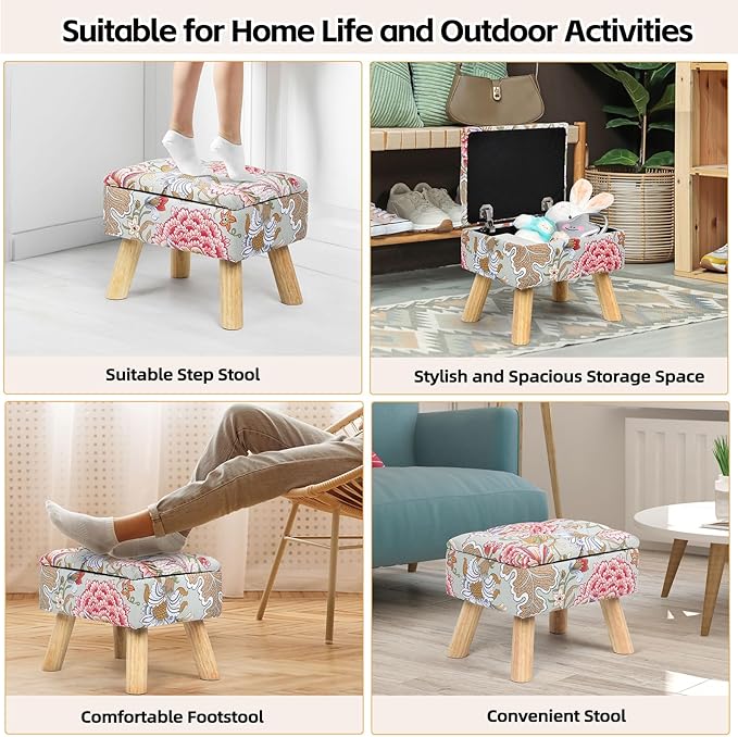 Square Storage Ottoman with Sturdy Wood Legs, Tufted Upholstered Footstool 14.5”L × 10.6”W × 11.4”H Boho Floral Upholstered Storage Footrest, Suitable for Living Room, Bedroom, Couch, Enterway
