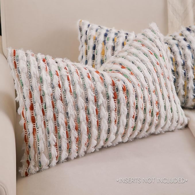 Boho Lumbar Pillow Cover 12x20 Inch Pack of 1 Farmhouse Rectangle Decorative Couch Throw Pillow Cover Brown Green Chenille Tufted Striped Pillowcase for Living Room Sofa Bed