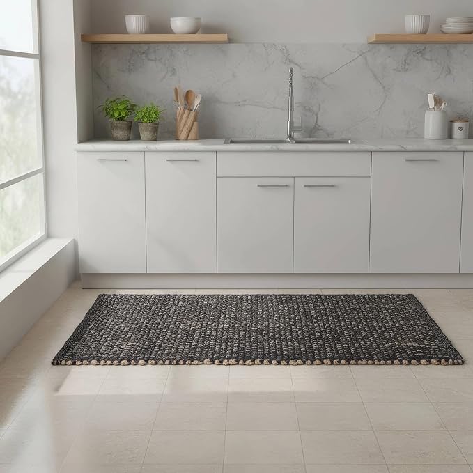 Charcoal Gray 3x5 Jute Rug Braided Construction - Farmhouse Woven Carpet - Mid-Century Modern Floor Covering for Bedside, 3' x 5'