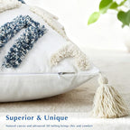 Boho Throw Pillow Covers 18x18 Inch with Tassels, Blue White Tufted Square Pillow Covers Bohemian Farmhouse Decorative Woven Cushion Cover for Couch Sofa Bedroom Living Room Home Decor