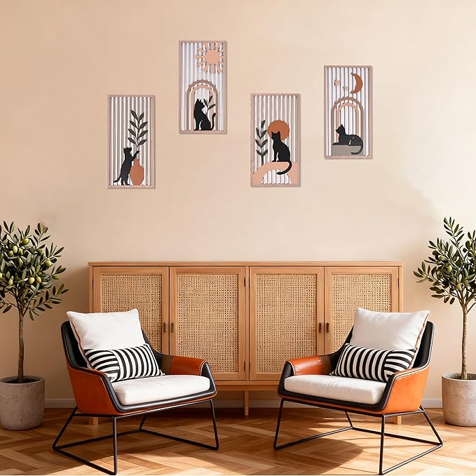 suruim Black Cat Wall Art Set of 4, Cat Wall Decor & Black Cat Decor, Mid-Century 3D Wooden Cat Art Wall Decor for Bedroom Living Room Office Boho Home Decor