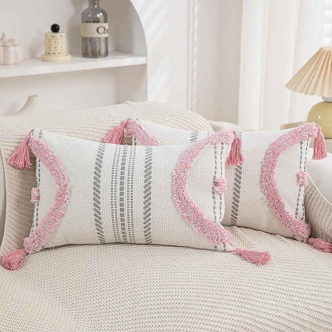 Boho Throw Pillow Covers 12x20 Set of 2 Cotton Woven Tufted Farmhouse Lumbar Pillows Covers with Tassels Outdoor Neutral Decorative Pillowcases Rectangle Textured Accent Cushion for Couch Bed Sofa