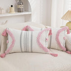 Boho Throw Pillow Covers 12x20 Set of 2 Cotton Woven Tufted Farmhouse Lumbar Pillows Covers with Tassels Outdoor Neutral Decorative Pillowcases Rectangle Textured Accent Cushion for Couch Bed Sofa