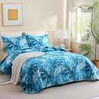 JSD Teal Blue Tropical Leaves Quilt Set Full/Queen, 3 Piece Printed Bedspreads Coverlet with Pillow Sham, Lightweight Quilted Blanket