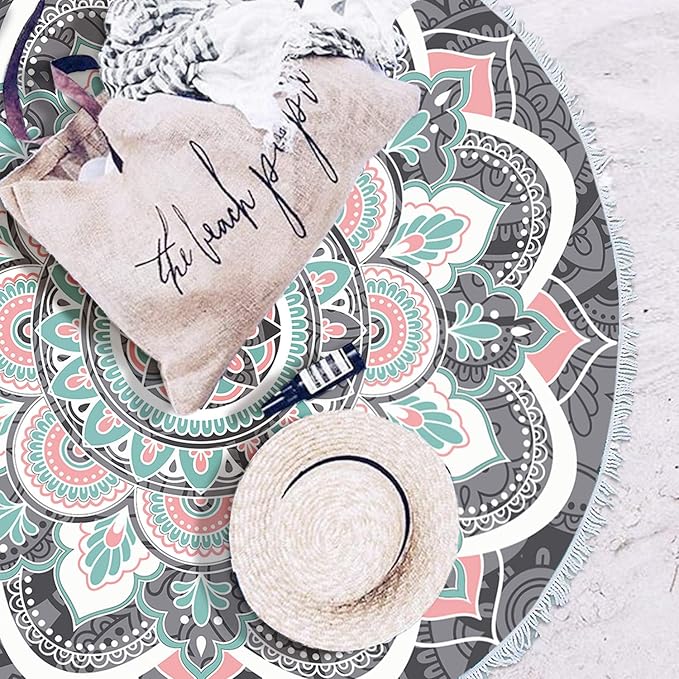 Mandala Round Boho Beach Towel Blanket, Oversized Microfiber Hippie Bohemian Absorbent Fast DRY Sand Free Circle Swim Pool Yoga Towel Table Cloth, Soft 59 inch Mediation Mat Wall Decor with Tassels