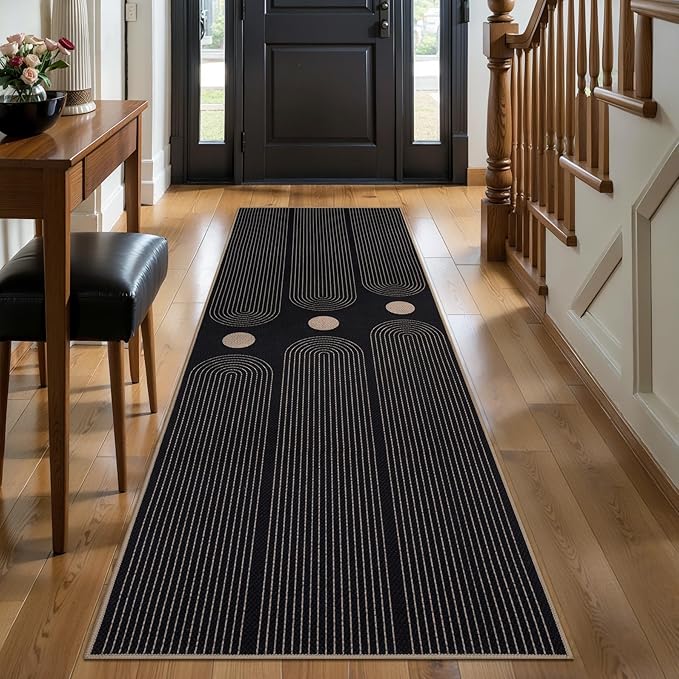 Tangsoo Rainbow Easy Jute Rug 2x6 Washable Kitchen Runner for Hallways,Black Non-Slip Thin Farmhouse Carpet,Modern Indoor Outdoor Runner Door Mat for Porch Laundry Bedroom Entryway