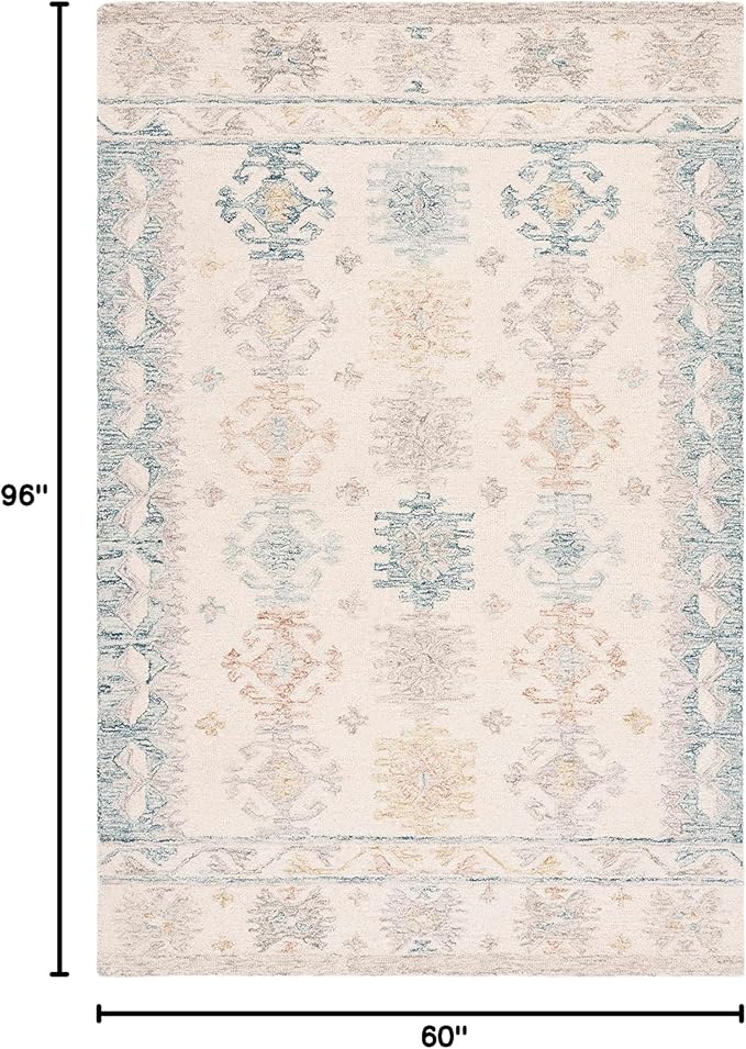 SAFAVIEH Micro-Loop Collection Area Rug - 5' x 8', Ivory & Blue, Handmade Boho Rustic Wool, Ideal for High Traffic Areas in Living Room, Bedroom (MLP476M)